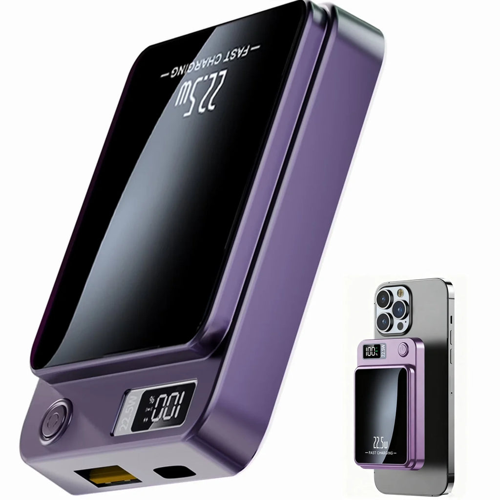 Wireless Power Bank,10000Mah Super Capacity, with LED Power Display, 2 in 1 Portable Magnetic Power Bank, Compatible with Multi Device with Cable, Purple