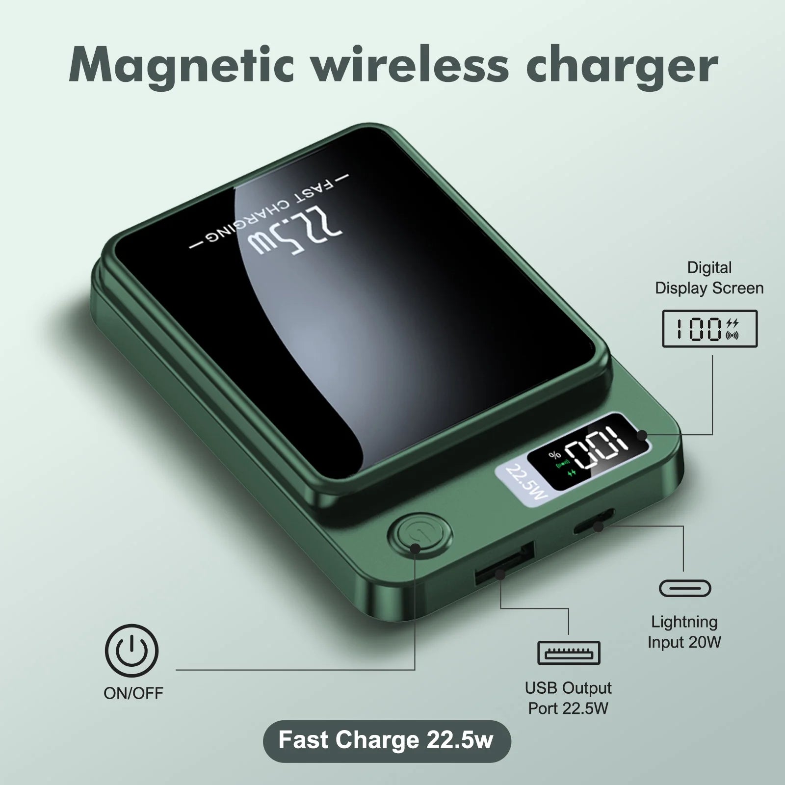 Portable Wireless Power Bank,2 in 1 Magnetic Charger 10000Mah 22.5W, with LED Power Display, Suitable for Outdoor Emergency Backup Power Bank, Compatible with Multi Device, Green