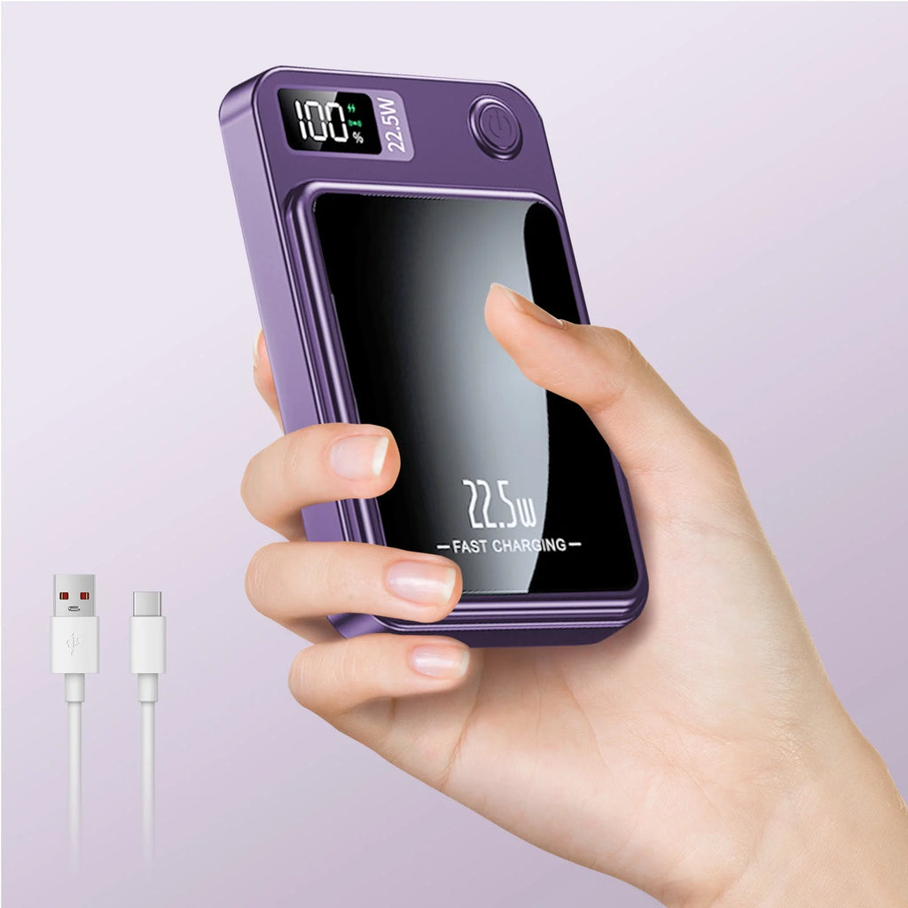 Wireless Power Bank,10000Mah Super Capacity, with LED Power Display, 2 in 1 Portable Magnetic Power Bank, Compatible with Multi Device with Cable, Purple