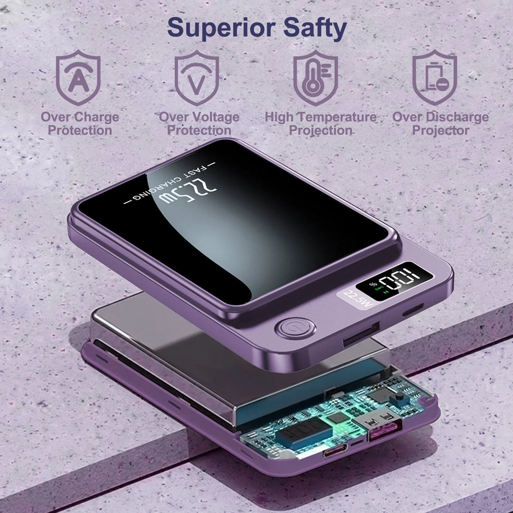 Wireless Power Bank,10000Mah Super Capacity, with LED Power Display, 2 in 1 Portable Magnetic Power Bank, Compatible with Multi Device with Cable, Purple