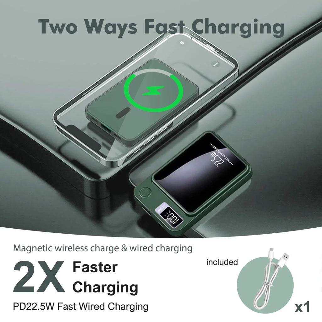 Portable Wireless Power Bank,2 in 1 Magnetic Charger 10000Mah 22.5W, with LED Power Display, Suitable for Outdoor Emergency Backup Power Bank, Compatible with Multi Device, Green