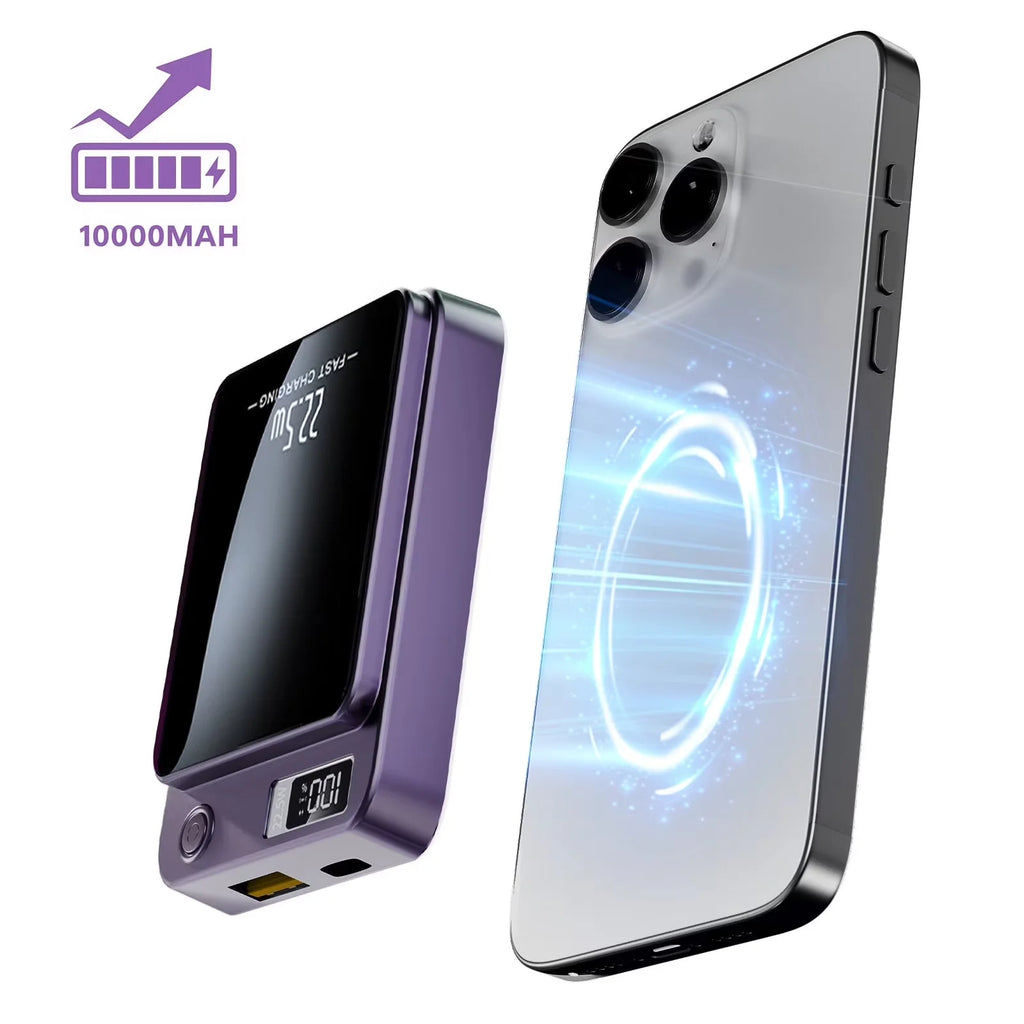 Wireless Power Bank,10000Mah Super Capacity, with LED Power Display, 2 in 1 Portable Magnetic Power Bank, Compatible with Multi Device with Cable, Purple