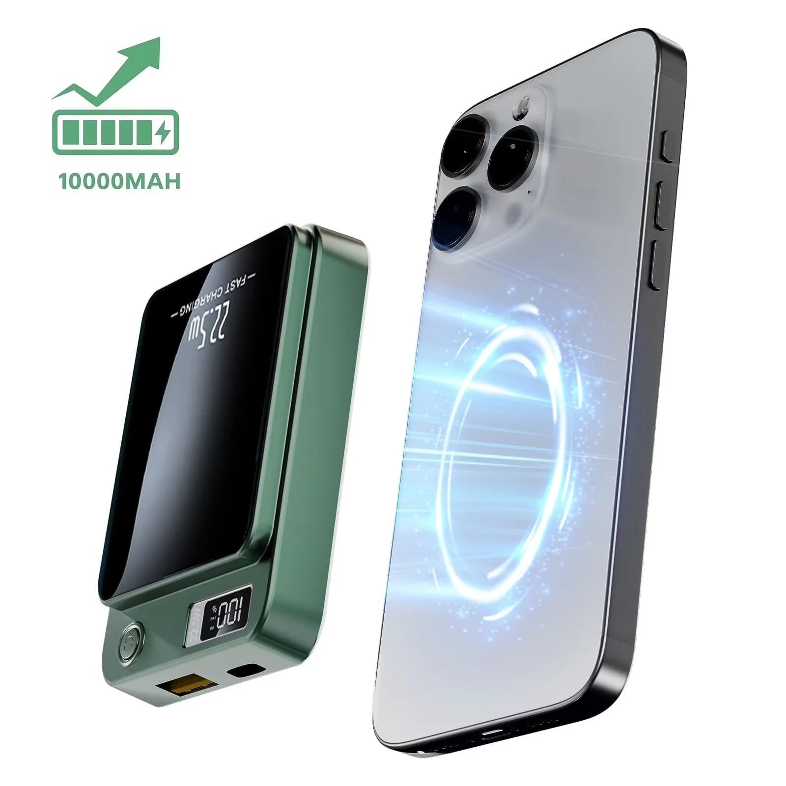 Portable Wireless Power Bank,2 in 1 Magnetic Charger 10000Mah 22.5W, with LED Power Display, Suitable for Outdoor Emergency Backup Power Bank, Compatible with Multi Device, Green