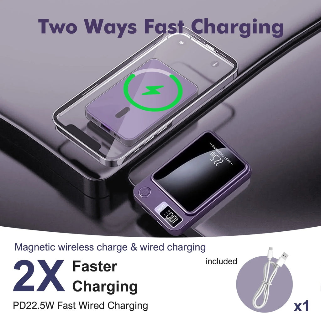 Wireless Power Bank,10000Mah Super Capacity, with LED Power Display, 2 in 1 Portable Magnetic Power Bank, Compatible with Multi Device with Cable, Purple