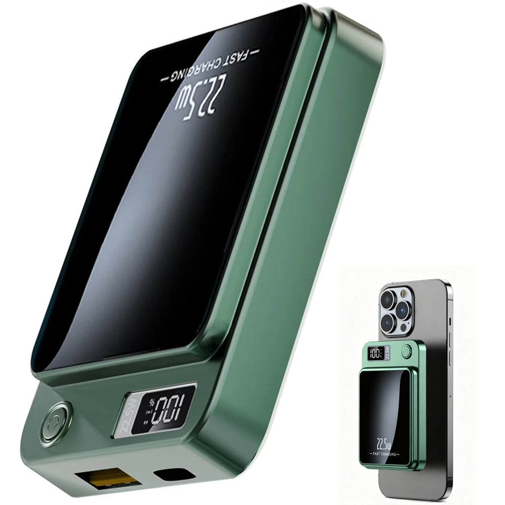 Portable Wireless Power Bank,2 in 1 Magnetic Charger 10000Mah 22.5W, with LED Power Display, Suitable for Outdoor Emergency Backup Power Bank, Compatible with Multi Device, Green