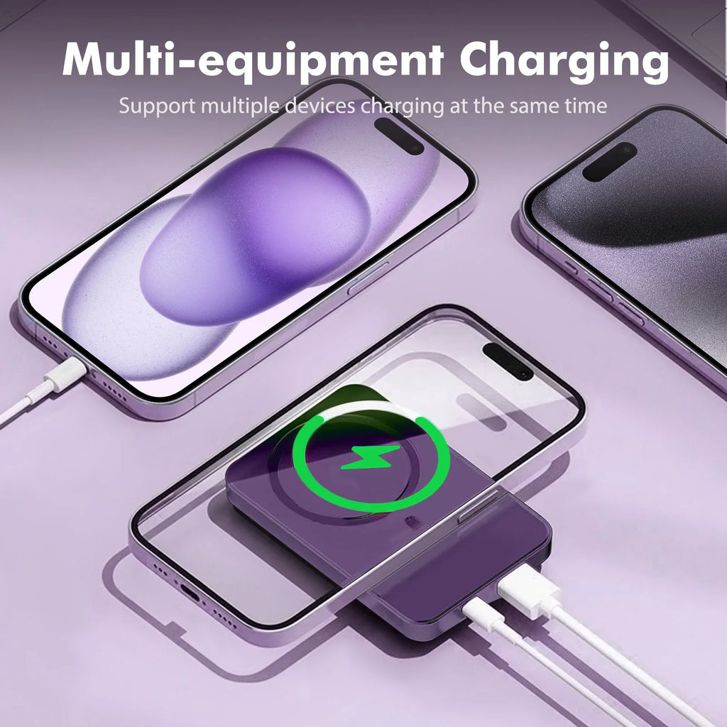 Wireless Power Bank,10000Mah Super Capacity, with LED Power Display, 2 in 1 Portable Magnetic Power Bank, Compatible with Multi Device with Cable, Purple