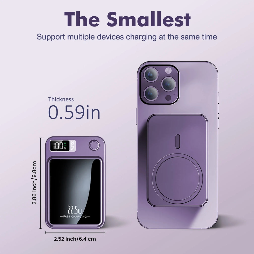 Wireless Power Bank,10000Mah Super Capacity, with LED Power Display, 2 in 1 Portable Magnetic Power Bank, Compatible with Multi Device with Cable, Purple