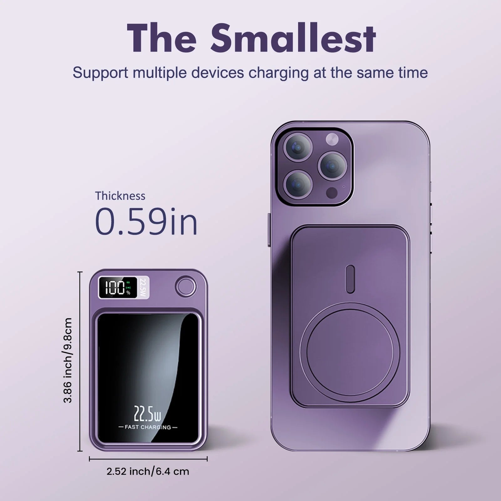 Wireless Power Bank,10000Mah Super Capacity, with LED Power Display, 2 in 1 Portable Magnetic Power Bank, Compatible with Multi Device with Cable, Purple