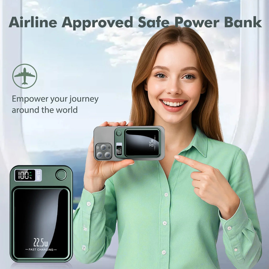 Portable Wireless Power Bank,2 in 1 Magnetic Charger 10000Mah 22.5W, with LED Power Display, Suitable for Outdoor Emergency Backup Power Bank, Compatible with Multi Device, Green