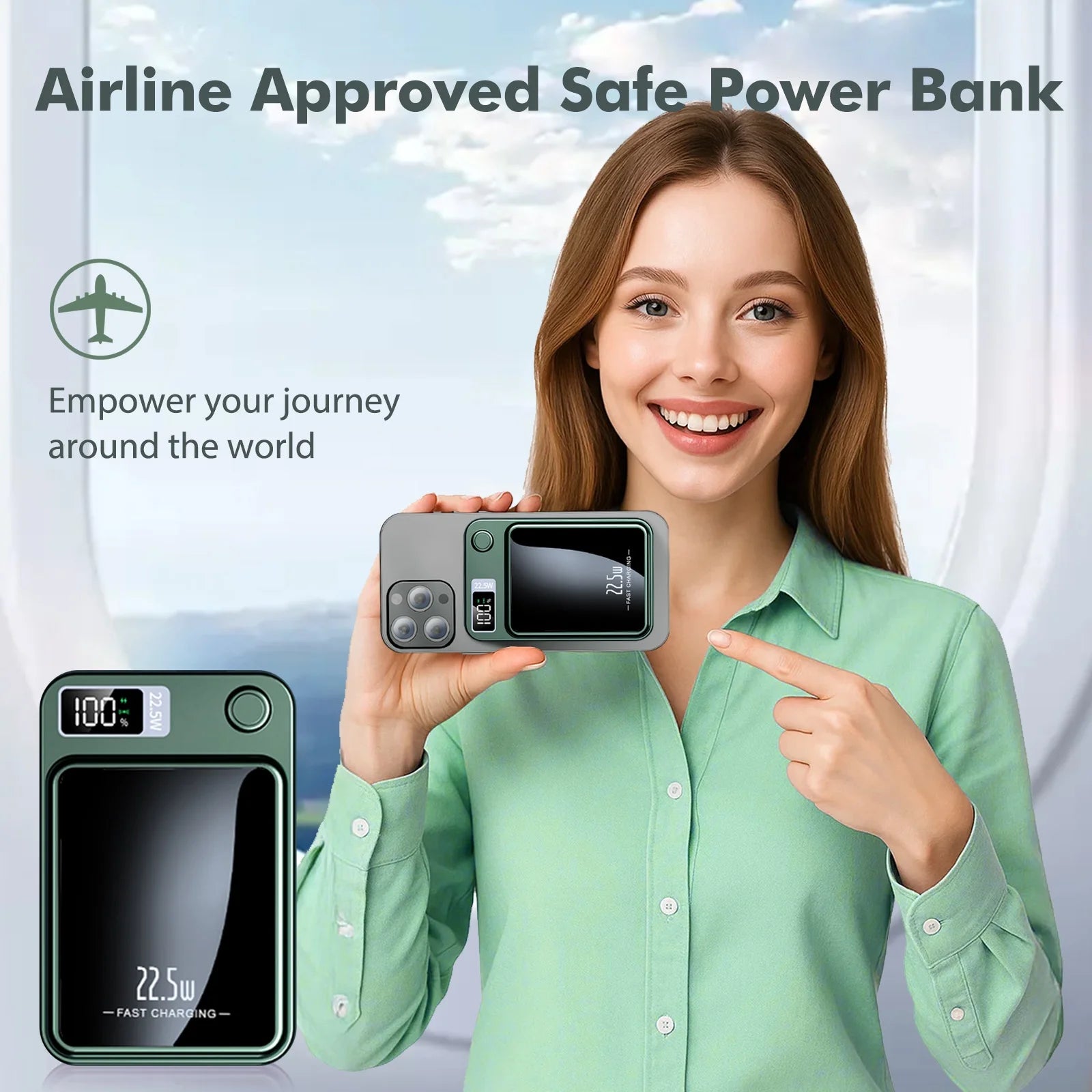 Portable Wireless Power Bank,2 in 1 Magnetic Charger 10000Mah 22.5W, with LED Power Display, Suitable for Outdoor Emergency Backup Power Bank, Compatible with Multi Device, Green