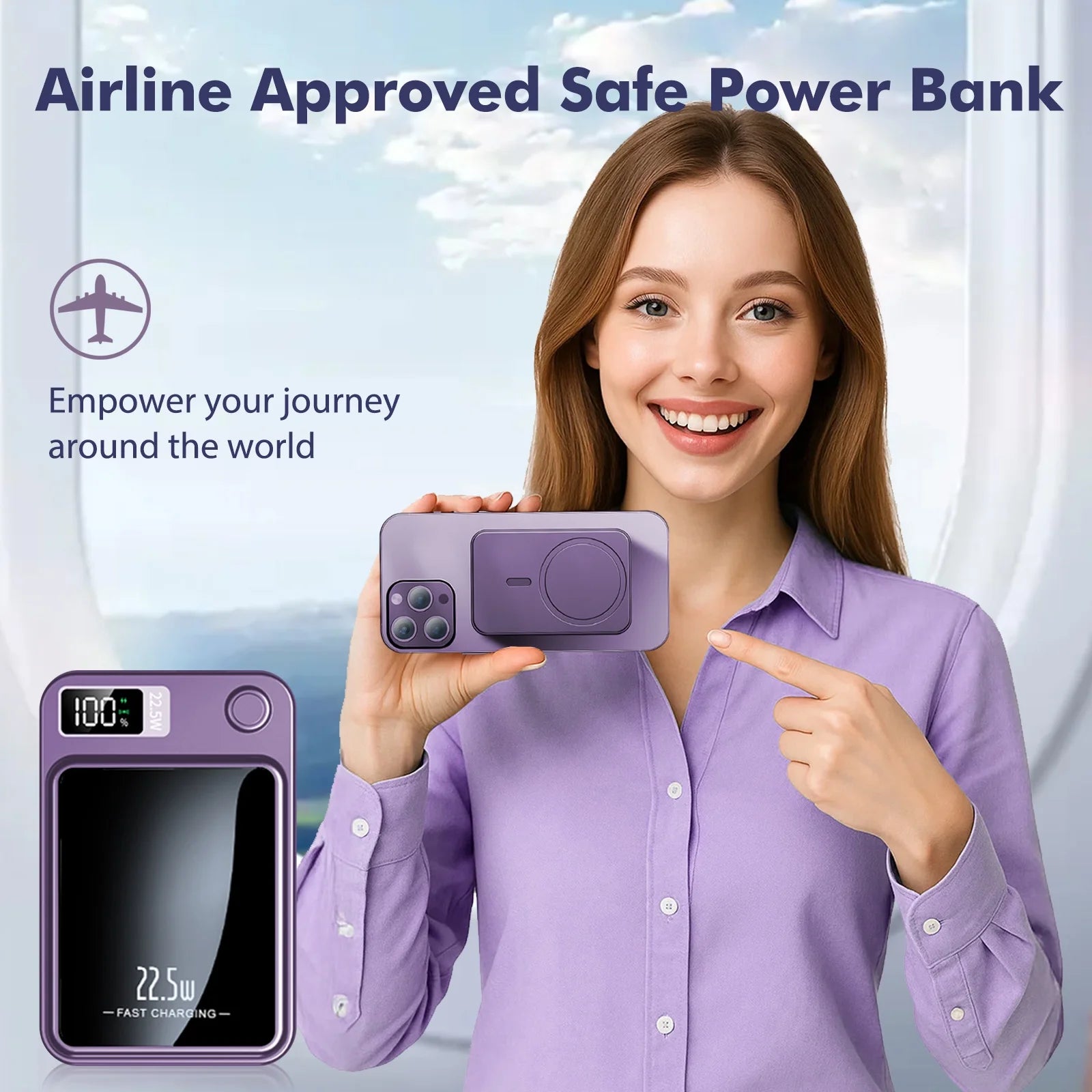 Wireless Power Bank,10000Mah Super Capacity, with LED Power Display, 2 in 1 Portable Magnetic Power Bank, Compatible with Multi Device with Cable, Purple